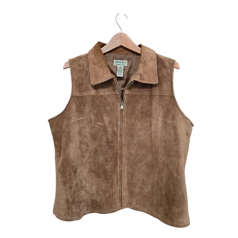 Womens Vintage Suede Leather Vest Jscket Size 18W Light Brown Zip Up Washable